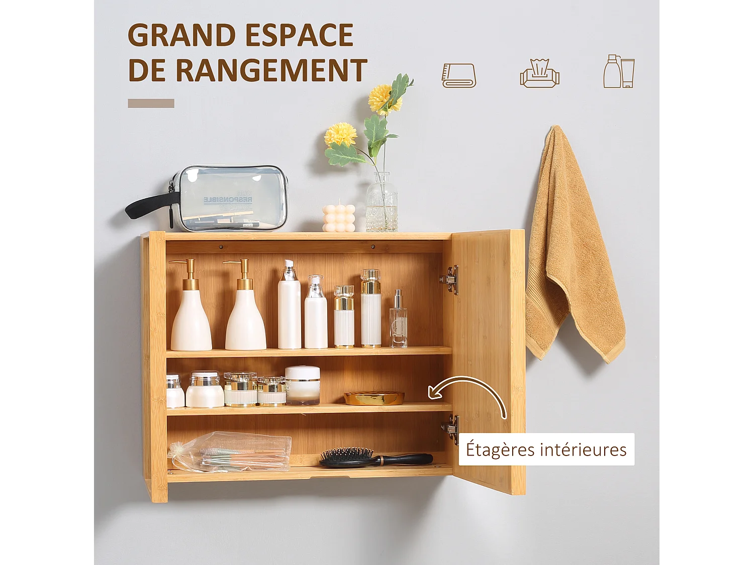 Miroir de salle de bain avec placard 2 portes - 2 étagères - bois de bambou verni