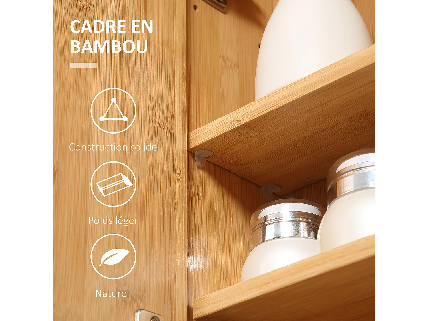 Miroir de salle de bain avec placard 2 portes - 2 étagères - bois de bambou verni