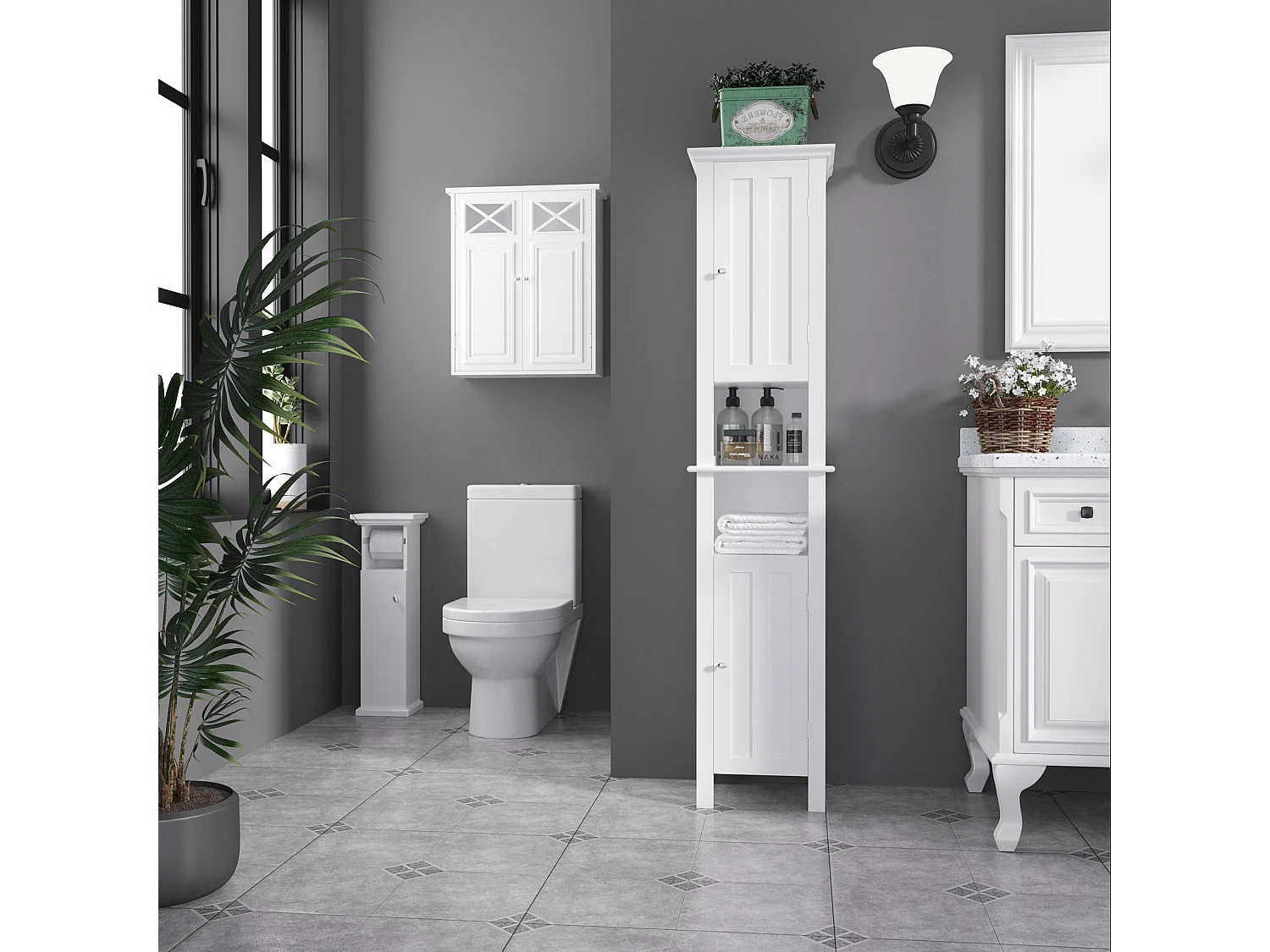 Armoire murale de salle de bain 2 portes étagère verre trempé MDF blanc