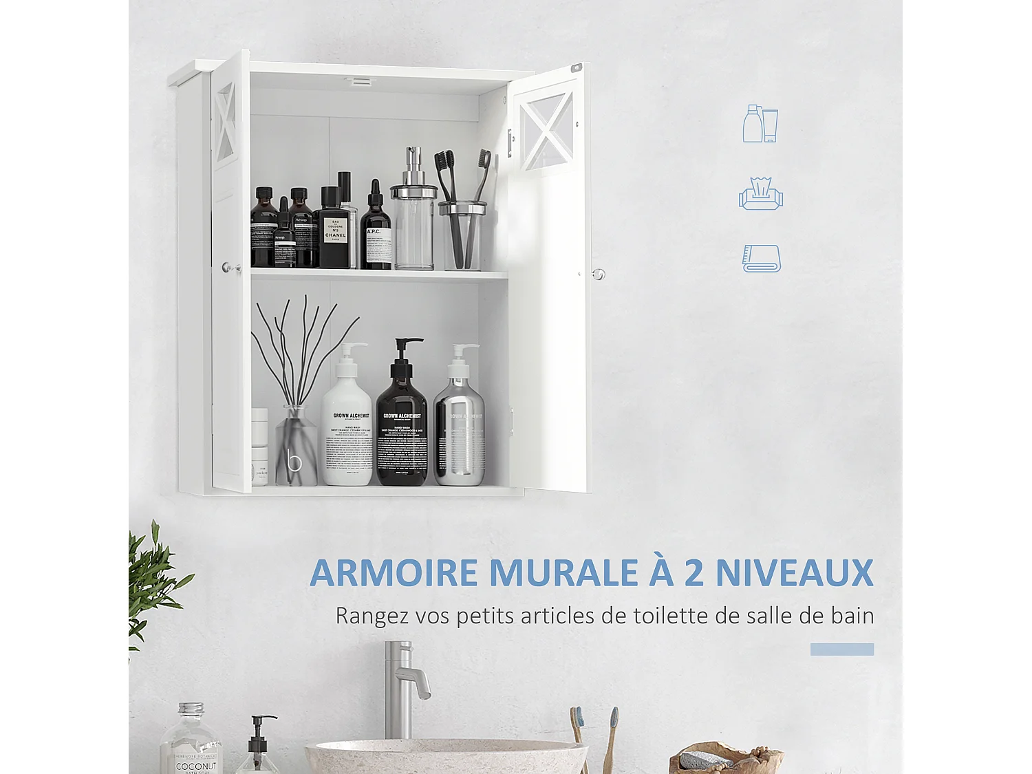 Armoire murale de salle de bain 2 portes étagère verre trempé MDF blanc