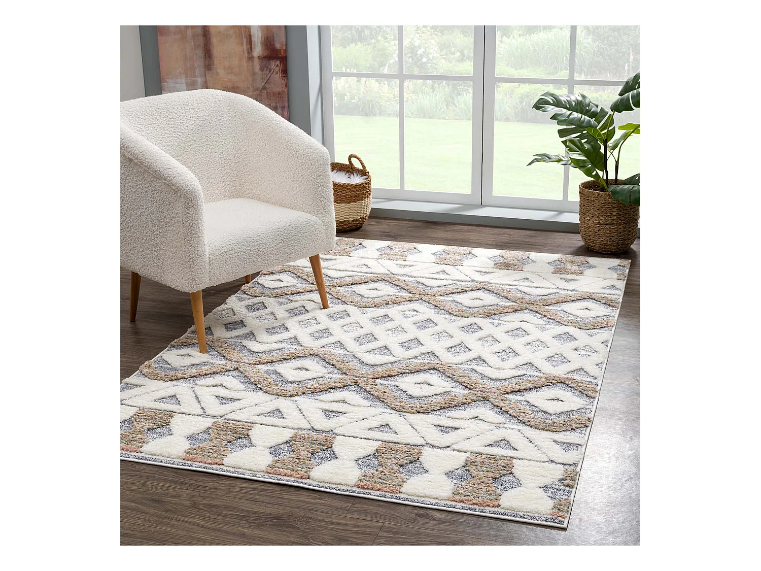 HAVA - Tapis à poils longs et relief beige et crème 200x290cm