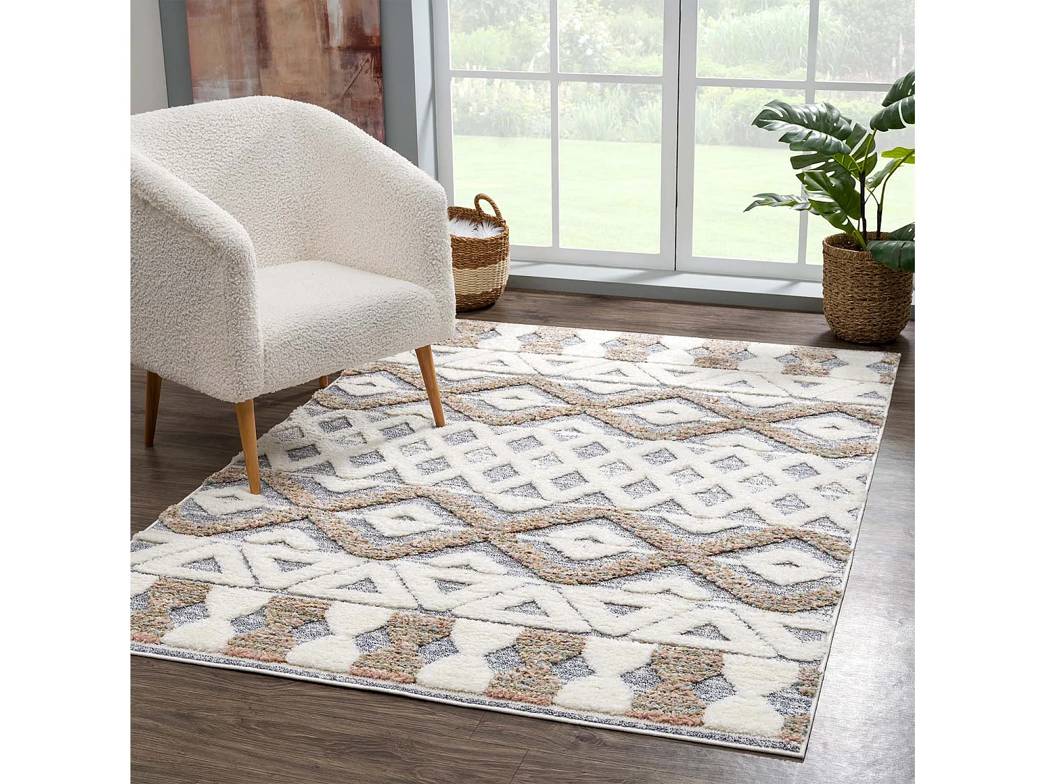 HAVA - Tapis à poils longs et relief beige et crème 200x290cm