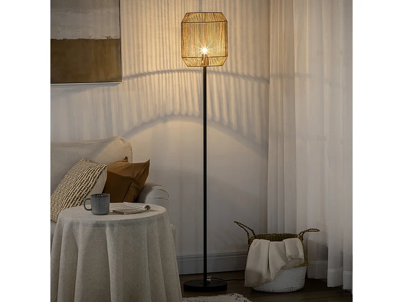 Lampadaire aspect cannage style cosy 40 W max. H.158 cm piètement mât métal noir abat-jour corde papier tressé main