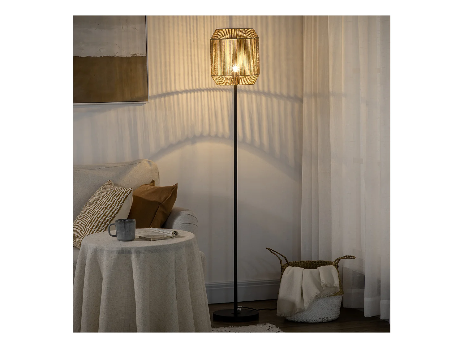 Lampadaire aspect cannage style cosy 40 W max. H.158 cm piètement mât métal noir abat-jour corde papier tressé main