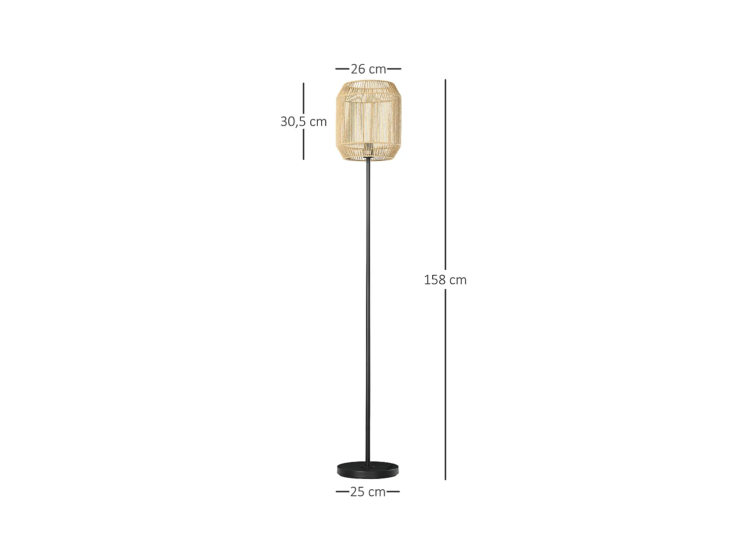 Lampadaire aspect cannage style cosy 40 W max. H.158 cm piètement mât métal noir abat-jour corde papier tressé main