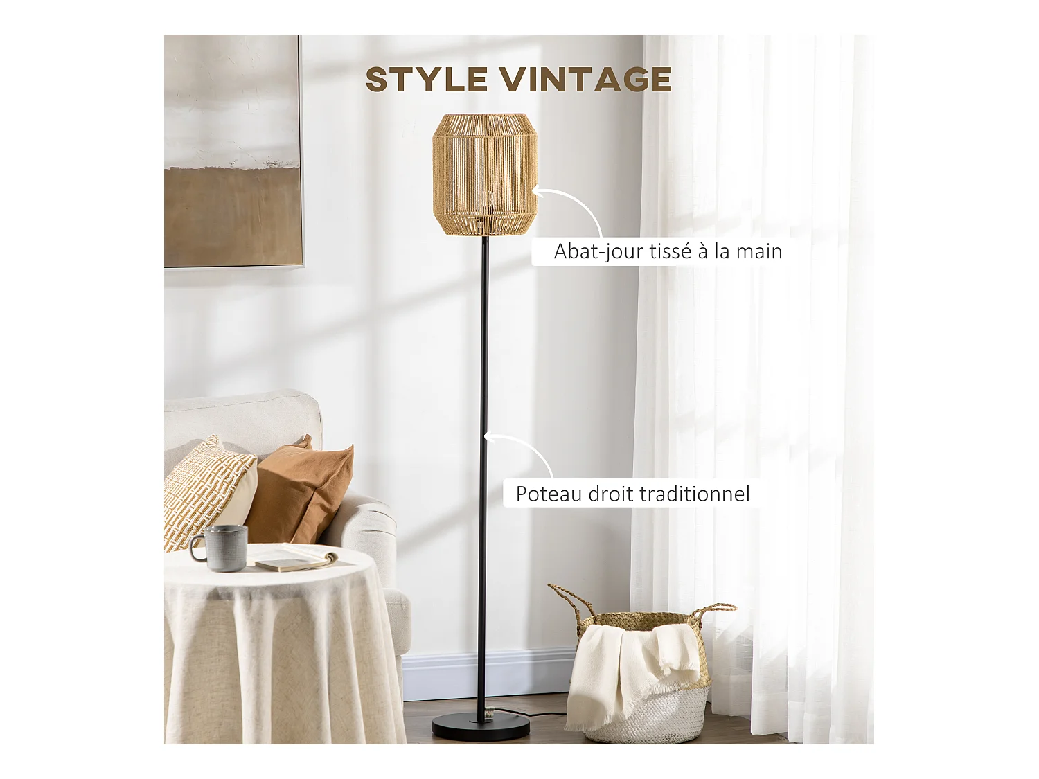 Lampadaire aspect cannage style cosy 40 W max. H.158 cm piètement mât métal noir abat-jour corde papier tressé main