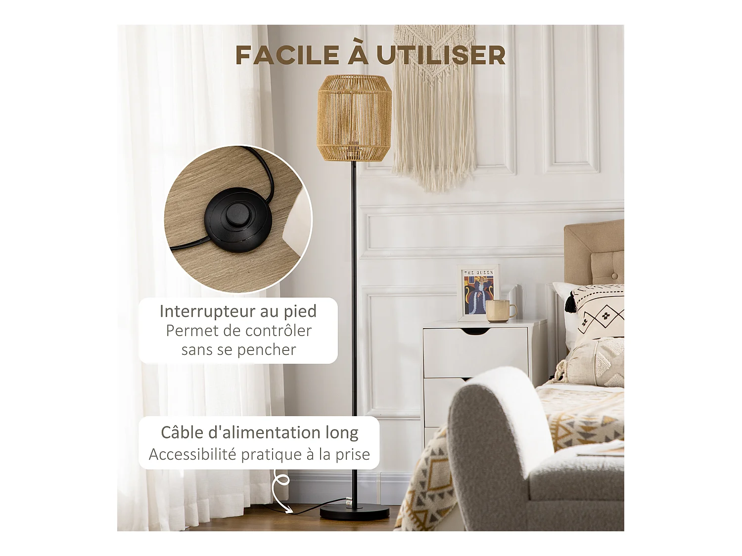 Lampadaire aspect cannage style cosy 40 W max. H.158 cm piètement mât métal noir abat-jour corde papier tressé main