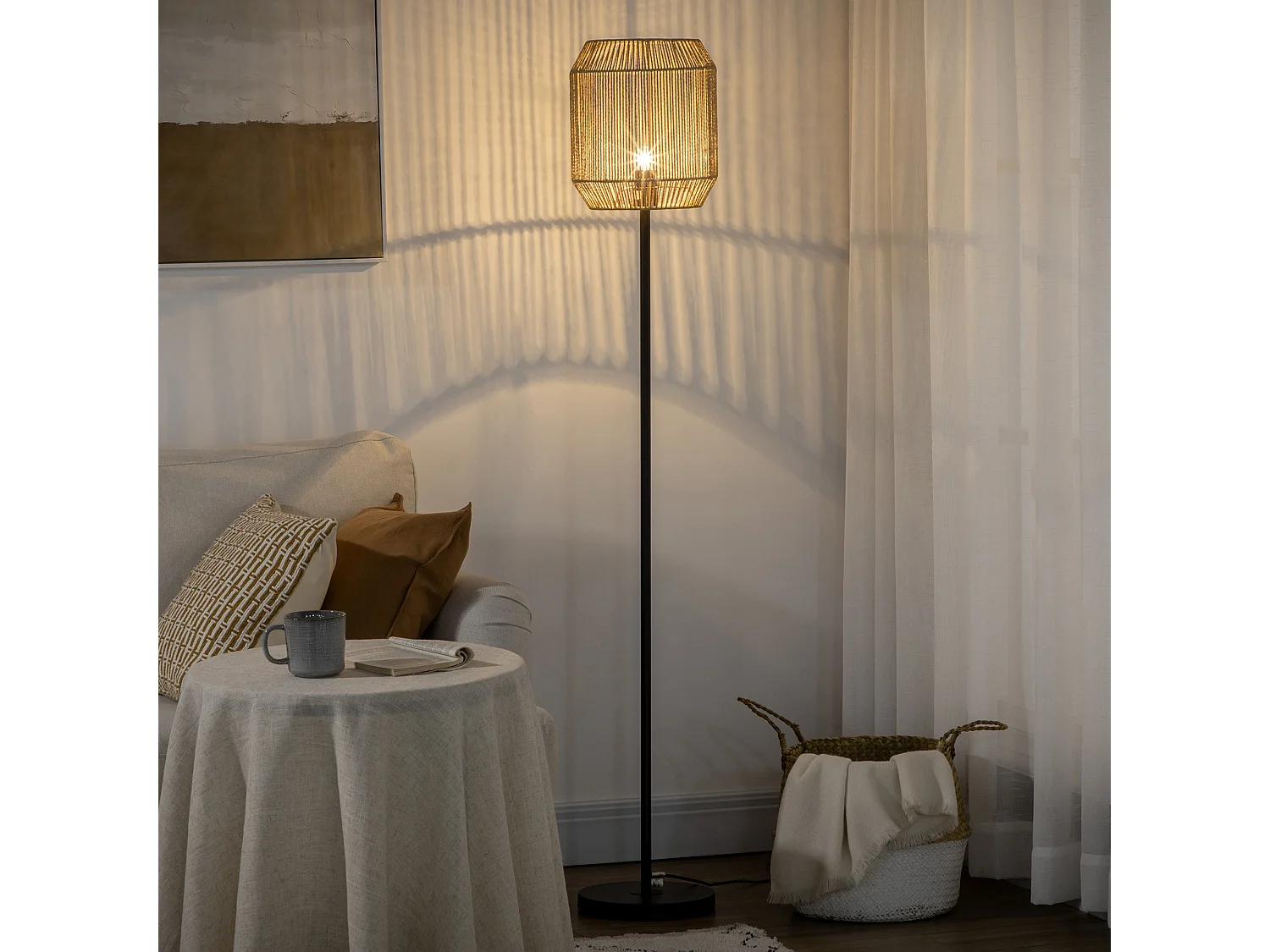 Lampadaire aspect cannage style cosy 40 W max. H.158 cm piètement mât métal noir abat-jour corde papier tressé main