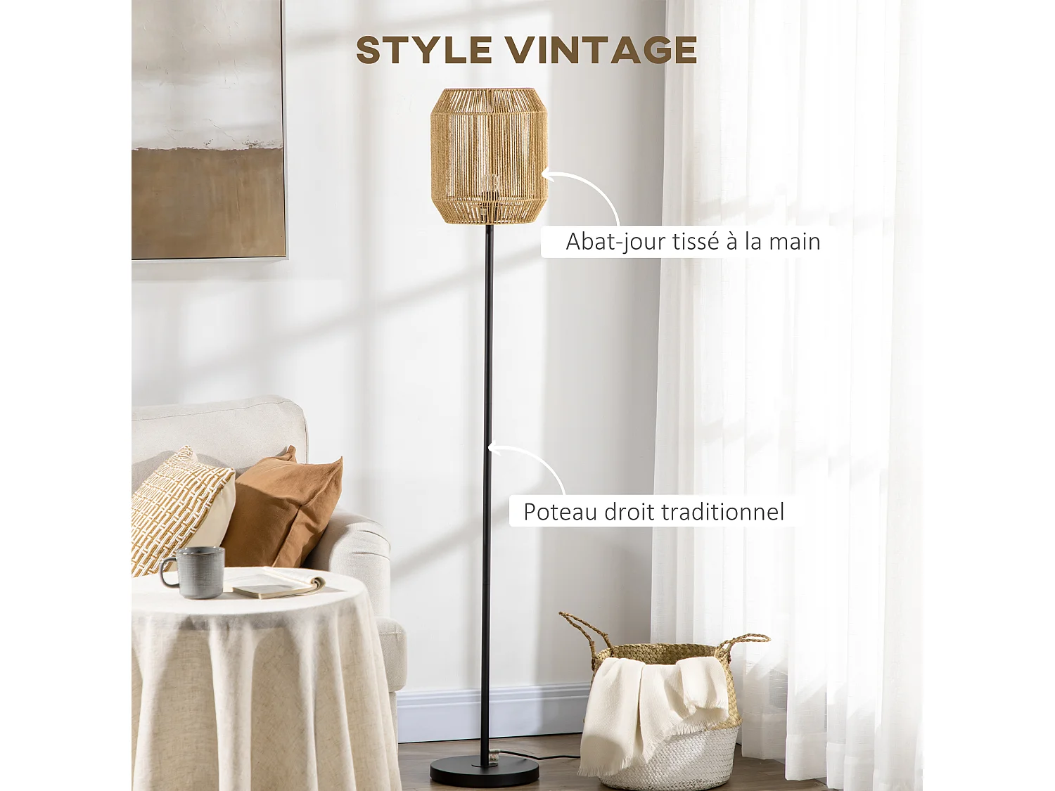 Lampadaire aspect cannage style cosy 40 W max. H.158 cm piètement mât métal noir abat-jour corde papier tressé main