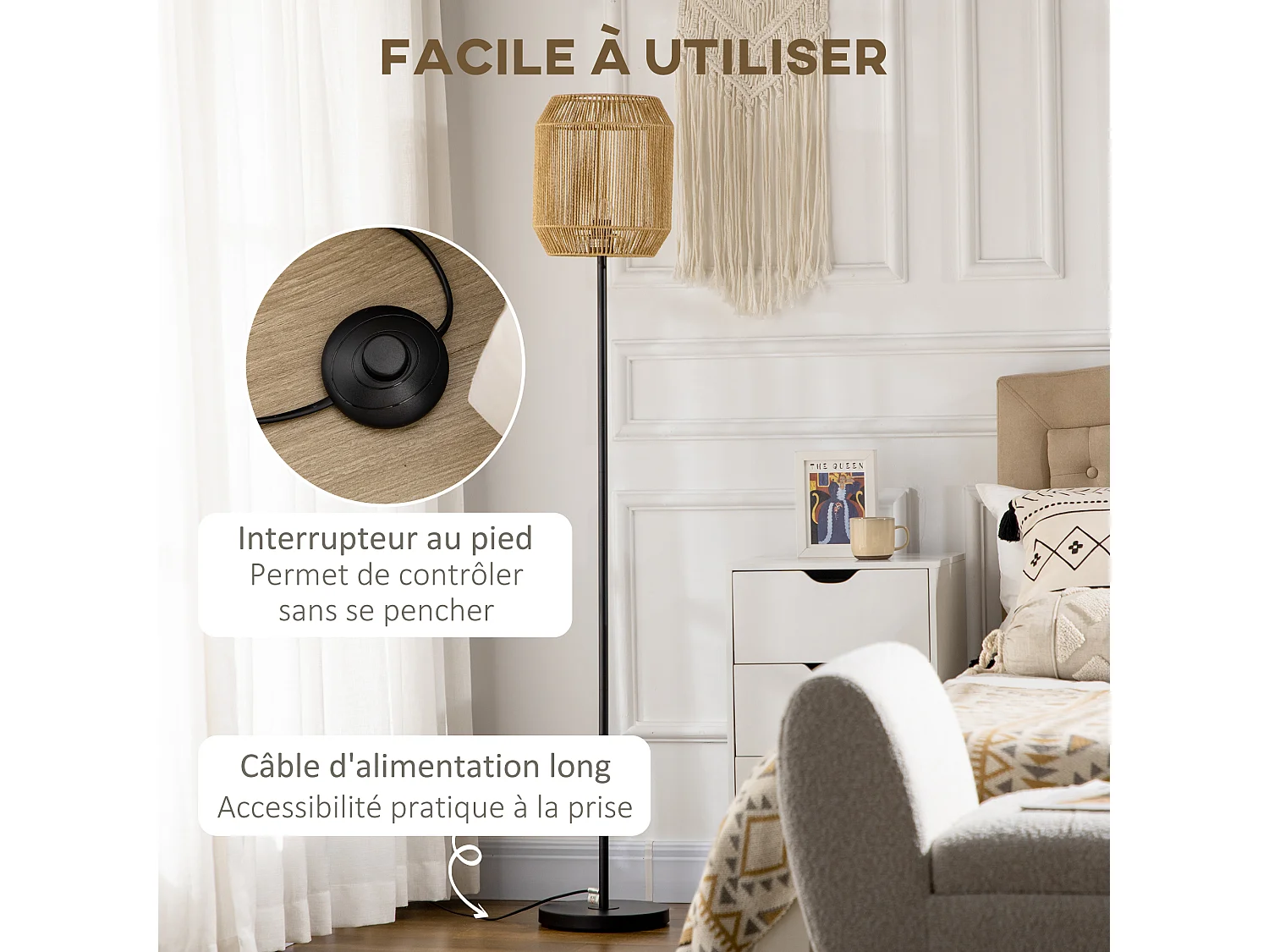 Lampadaire aspect cannage style cosy 40 W max. H.158 cm piètement mât métal noir abat-jour corde papier tressé main