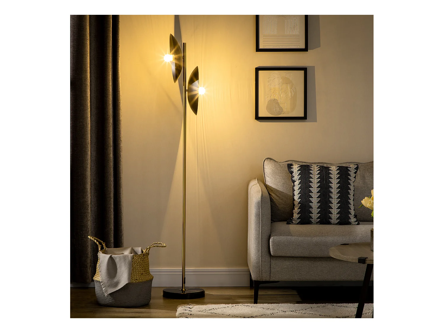 Lampadaire disques noir design contemporain H. 160 cm mât métal doré base marbre noir