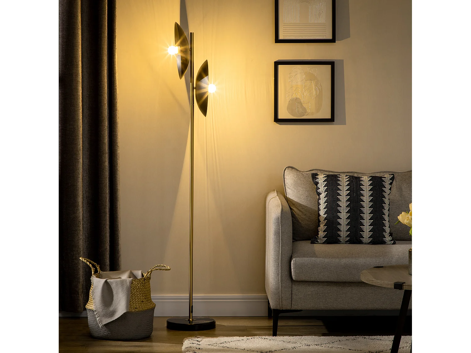 Lampadaire disques noir design contemporain H. 160 cm mât métal doré base marbre noir