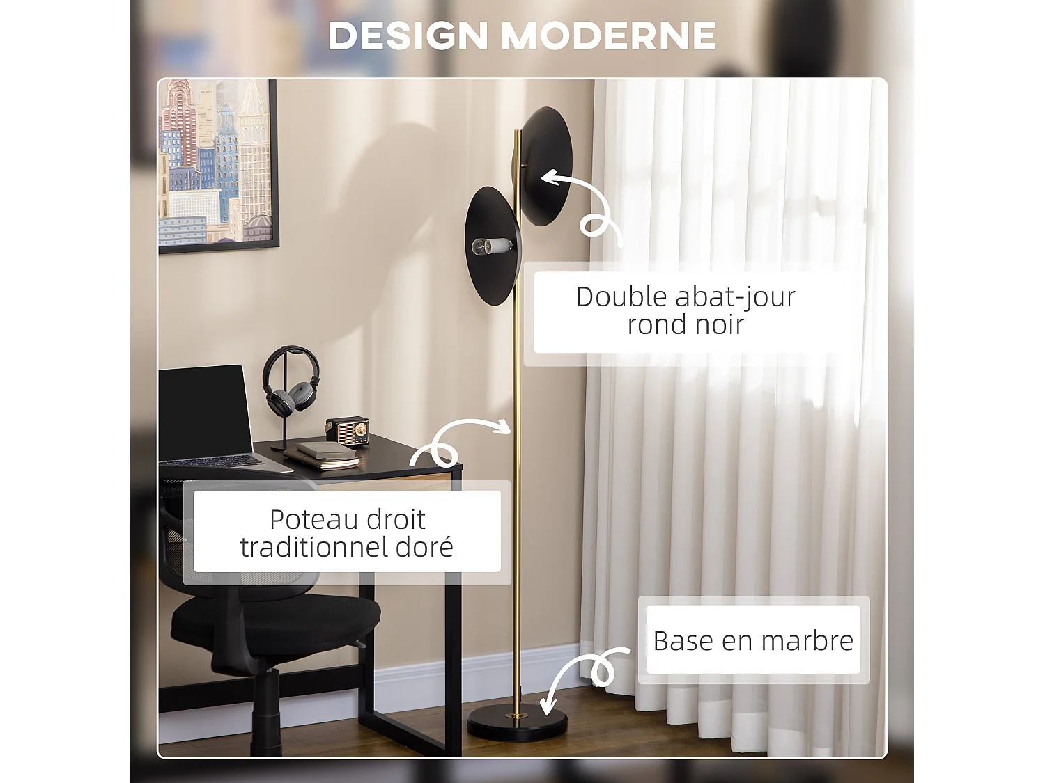Lampadaire disques noir design contemporain H. 160 cm mât métal doré base marbre noir
