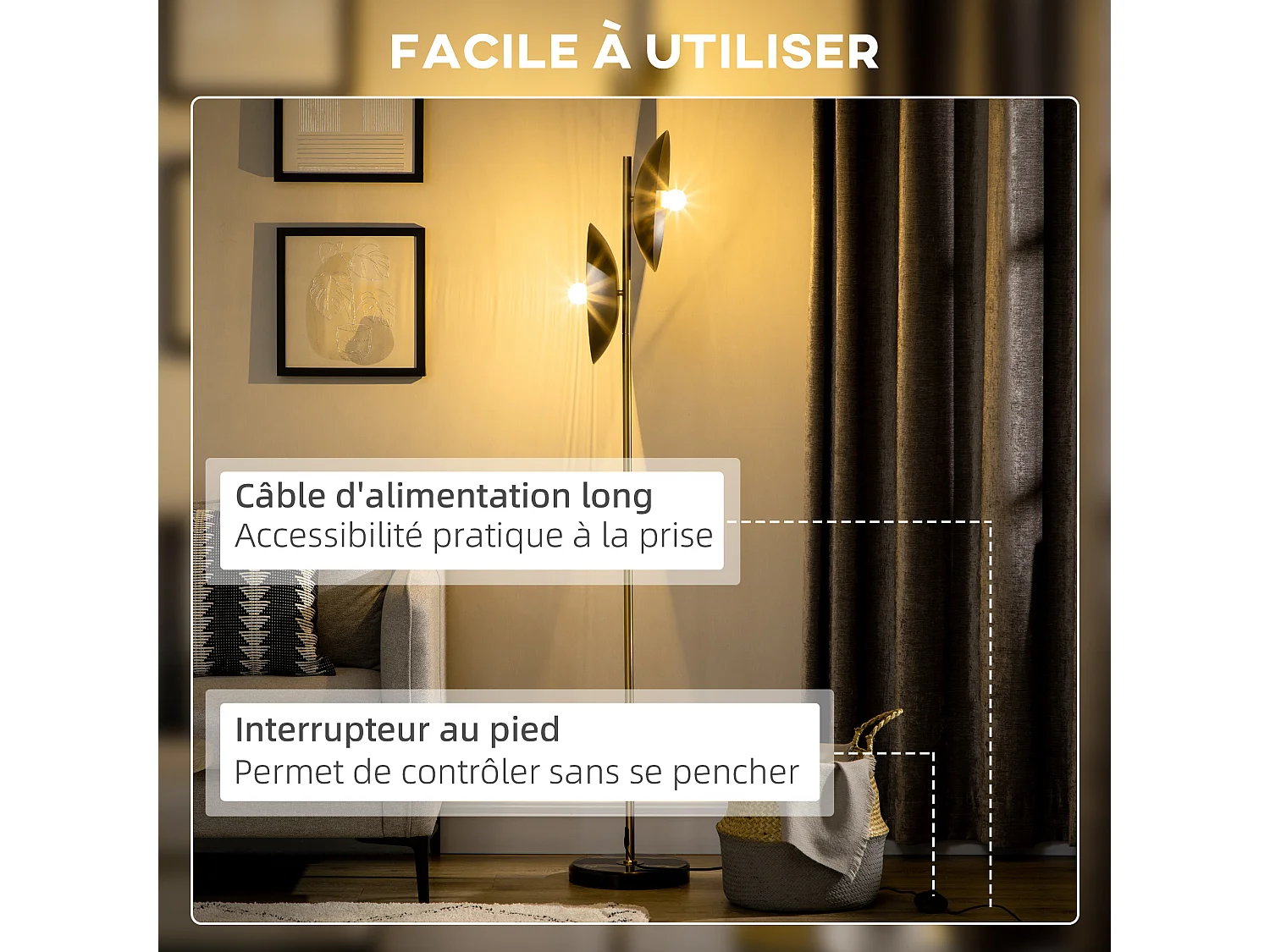 Lampadaire disques noir design contemporain H. 160 cm mât métal doré base marbre noir