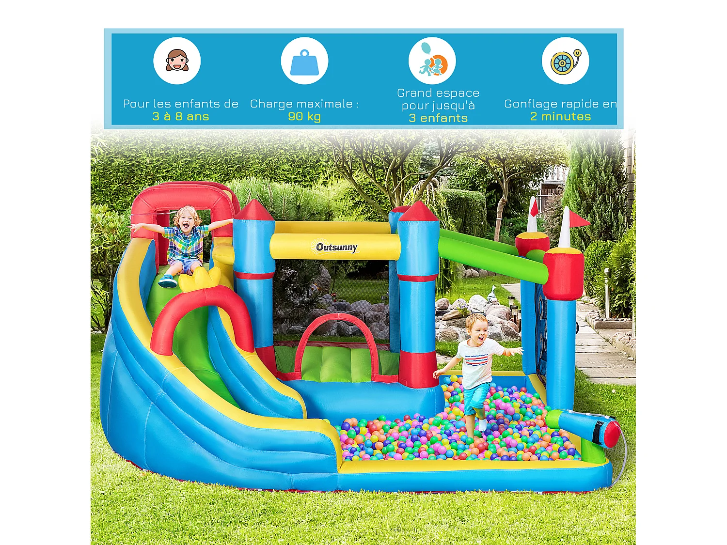 Château gonflable structure gonflable aire de jeux 3-8 ans avec gonfleur et sac de transport 390 x 300 x 197 cm - multicolore