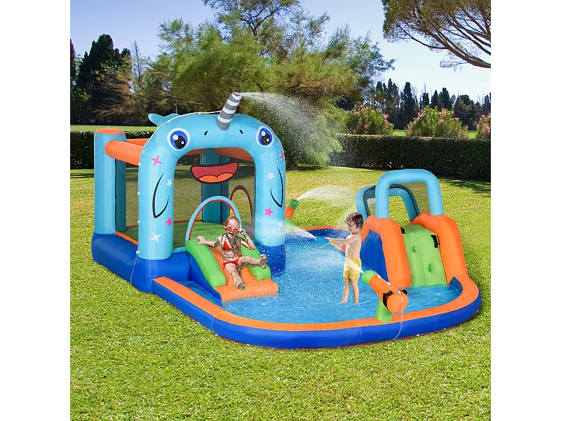 Château gonflable enfant - trampoline, toboggans, piscine, mur d'escalade, panier, pistolets eau, gonfleur, sac transport - polyester multicolore