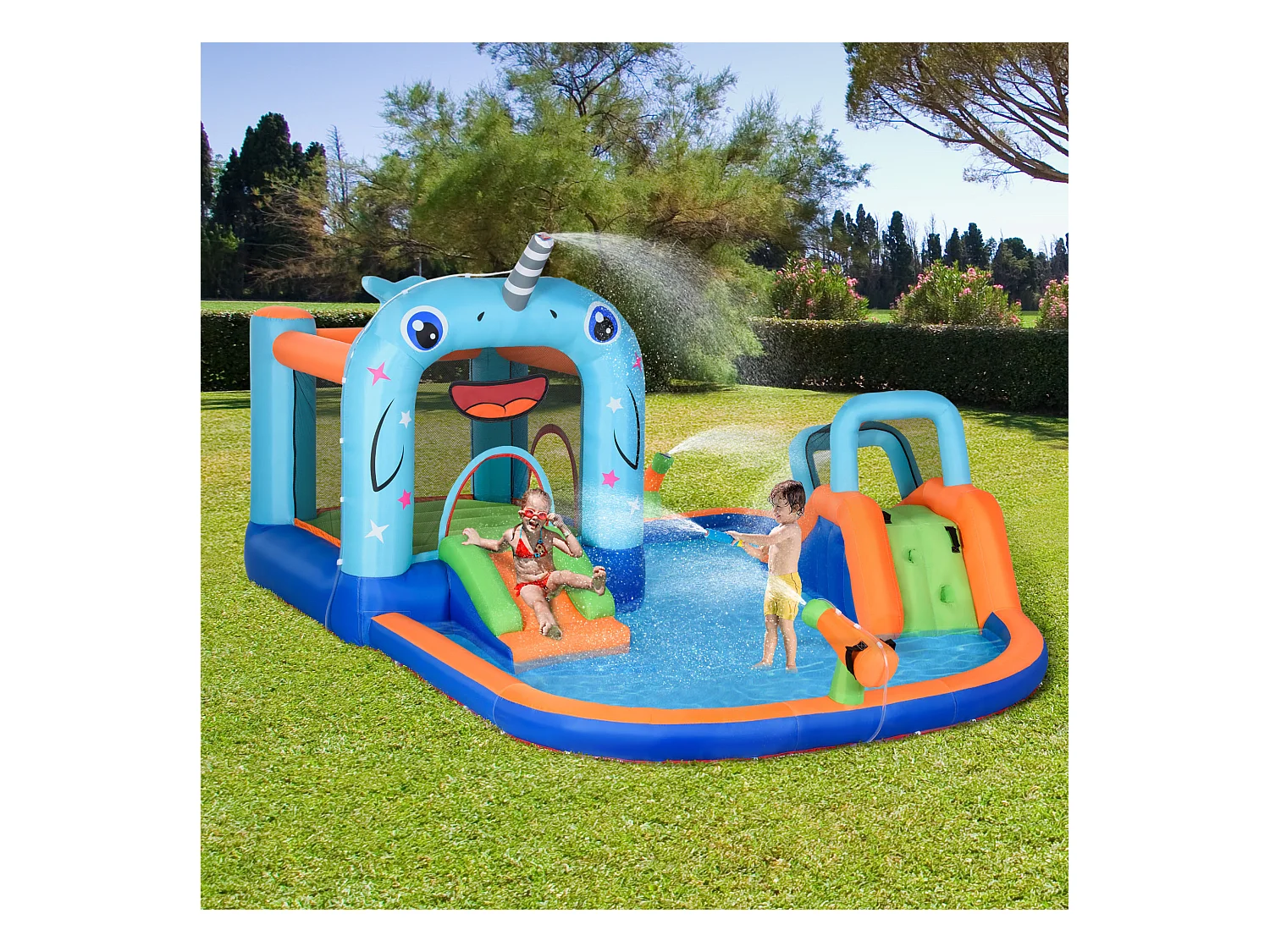 Château gonflable enfant - trampoline, toboggans, piscine, mur d'escalade, panier, pistolets eau, gonfleur, sac transport - polyester multicolore