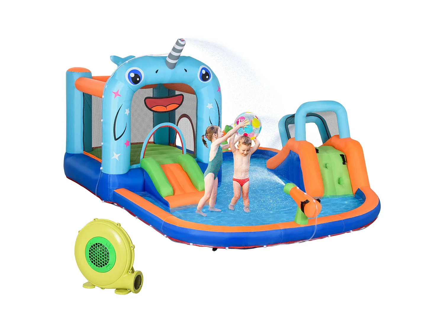 Château gonflable enfant - trampoline, toboggans, piscine, mur d'escalade, panier, pistolets eau, gonfleur, sac transport - polyester multicolore