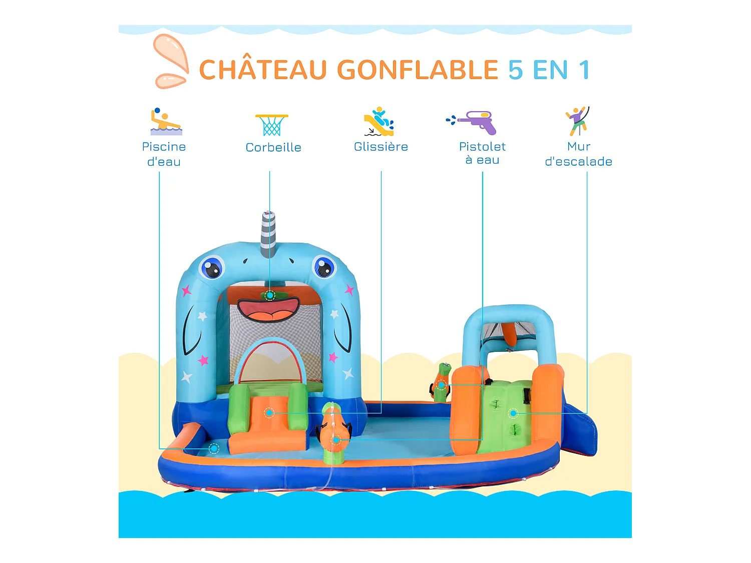 Château gonflable enfant - trampoline, toboggans, piscine, mur d'escalade, panier, pistolets eau, gonfleur, sac transport - polyester multicolore
