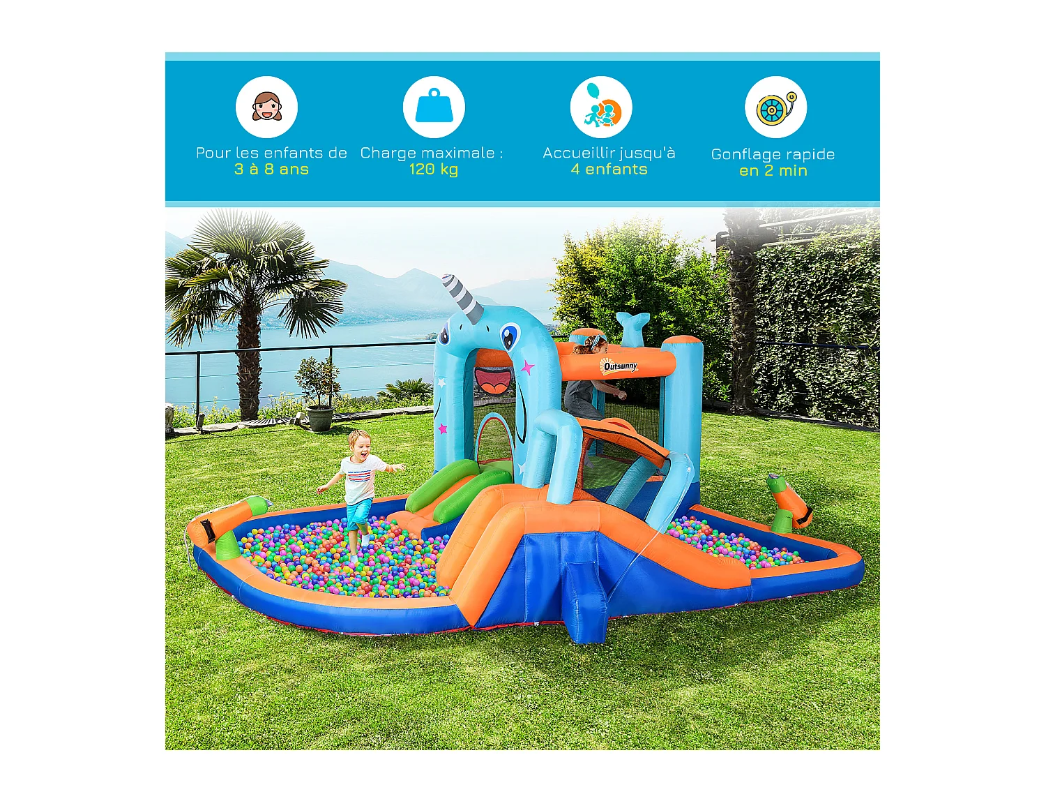 Château gonflable enfant - trampoline, toboggans, piscine, mur d'escalade, panier, pistolets eau, gonfleur, sac transport - polyester multicolore