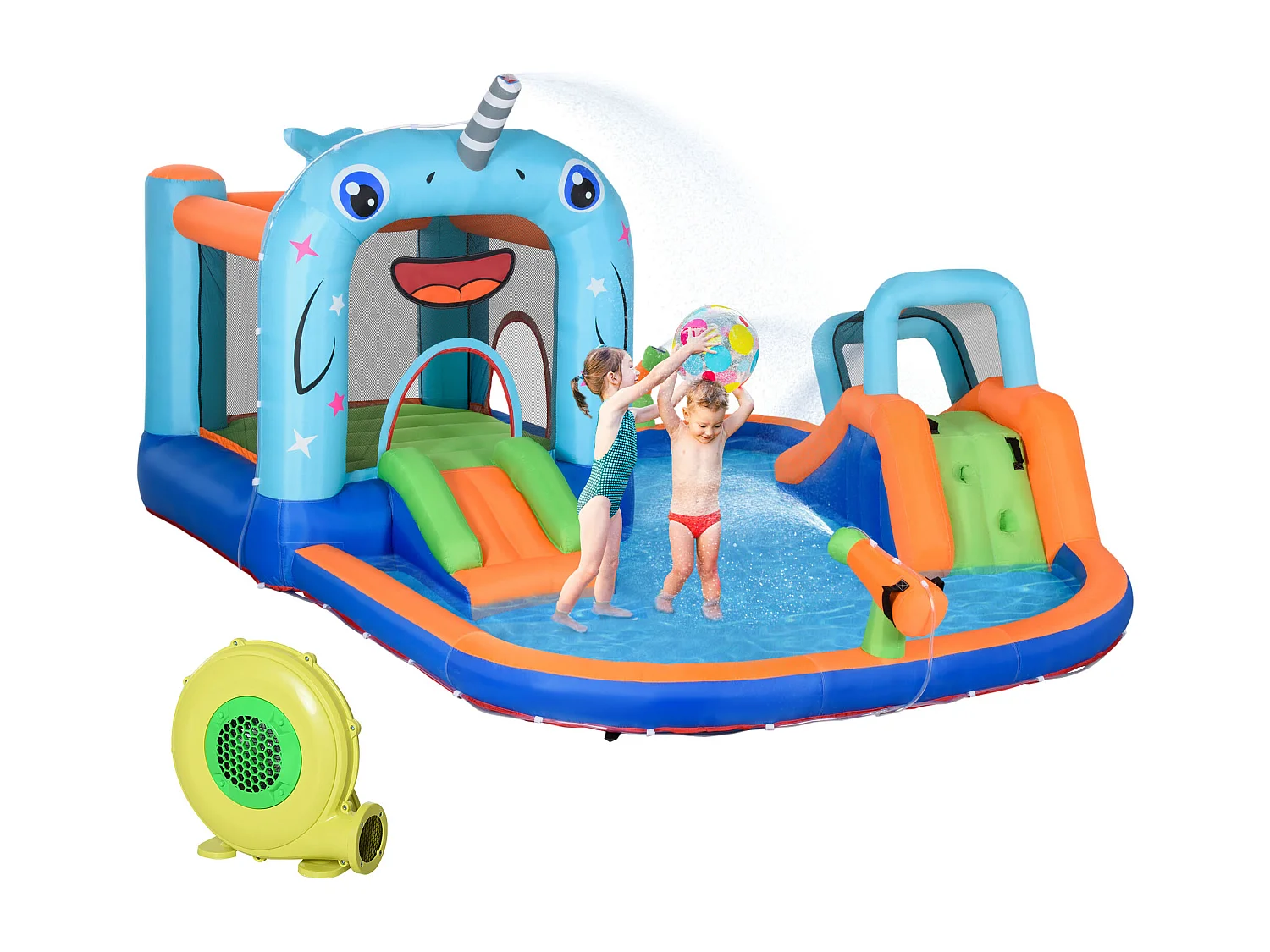 Château gonflable enfant - trampoline, toboggans, piscine, mur d'escalade, panier, pistolets eau, gonfleur, sac transport - polyester multicolore