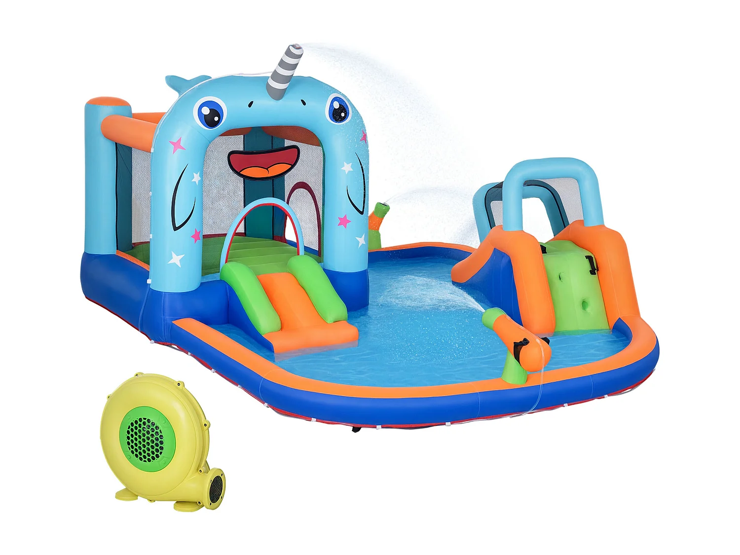 Château gonflable enfant - trampoline, toboggans, piscine, mur d'escalade, panier, pistolets eau, gonfleur, sac transport - polyester multicolore