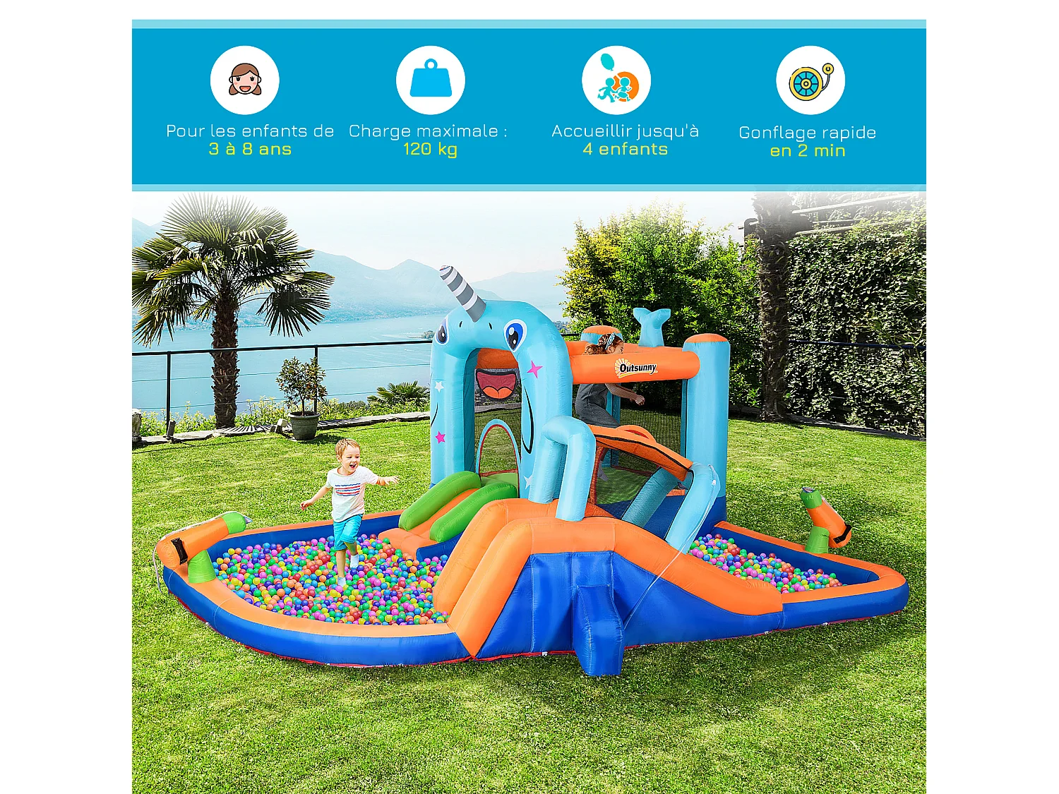 Château gonflable enfant - trampoline, toboggans, piscine, mur d'escalade, panier, pistolets eau, gonfleur, sac transport - polyester multicolore
