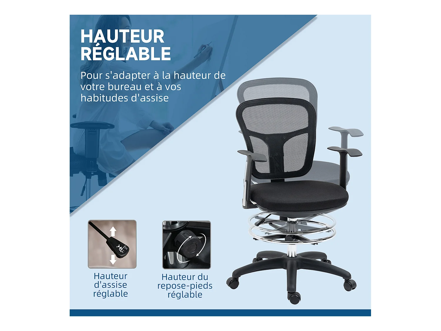 Fauteuil de bureau chaise de bureau assise haute réglable dim. 59L x 59l x 95-115H cm pivotant 360° maille respirante noir