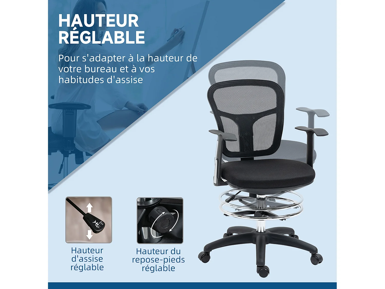 Fauteuil de bureau chaise de bureau assise haute réglable dim. 59L x 59l x 95-115H cm pivotant 360° maille respirante noir