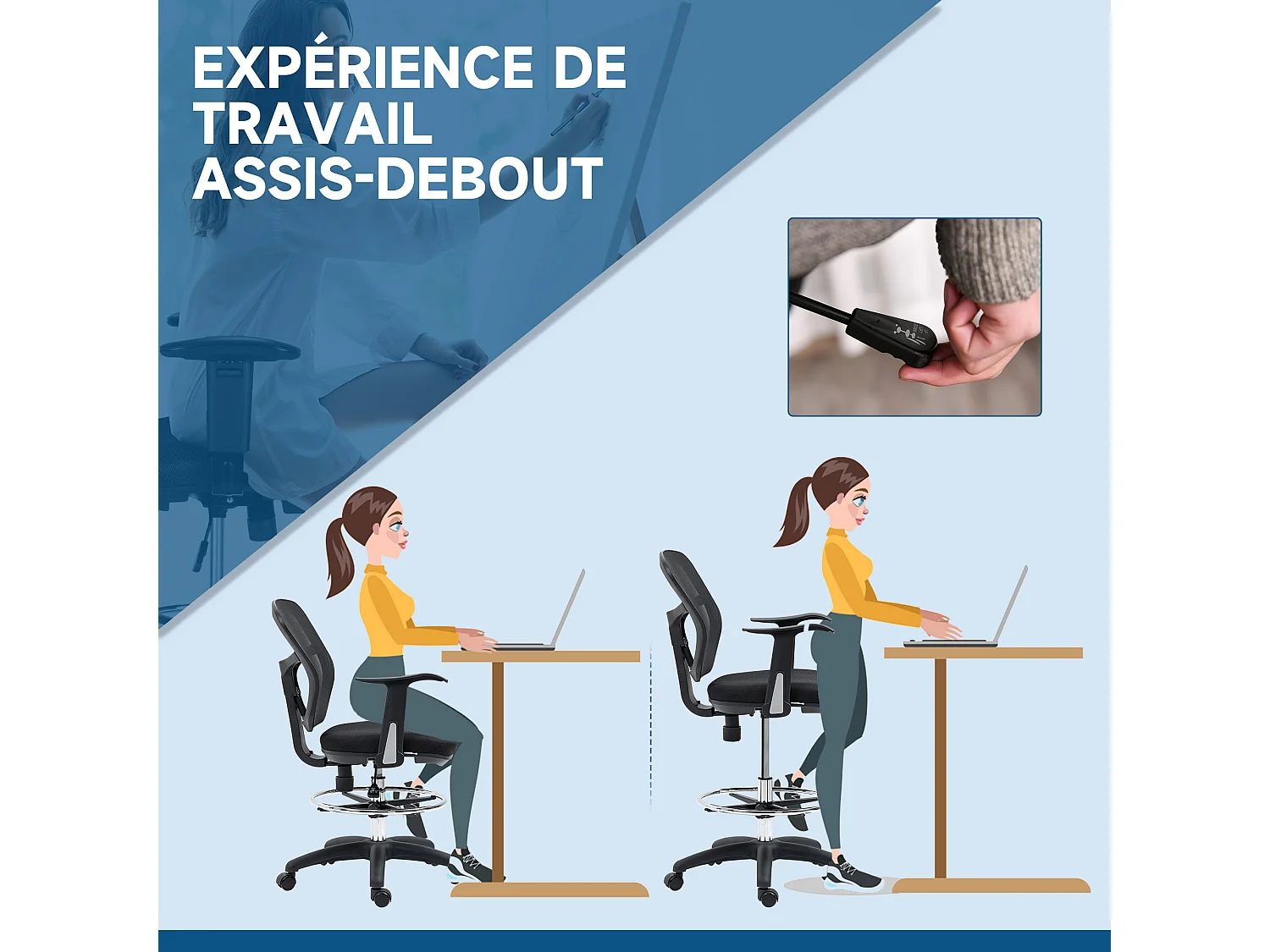 Fauteuil de bureau chaise de bureau assise haute réglable dim. 59L x 59l x 95-115H cm pivotant 360° maille respirante noir