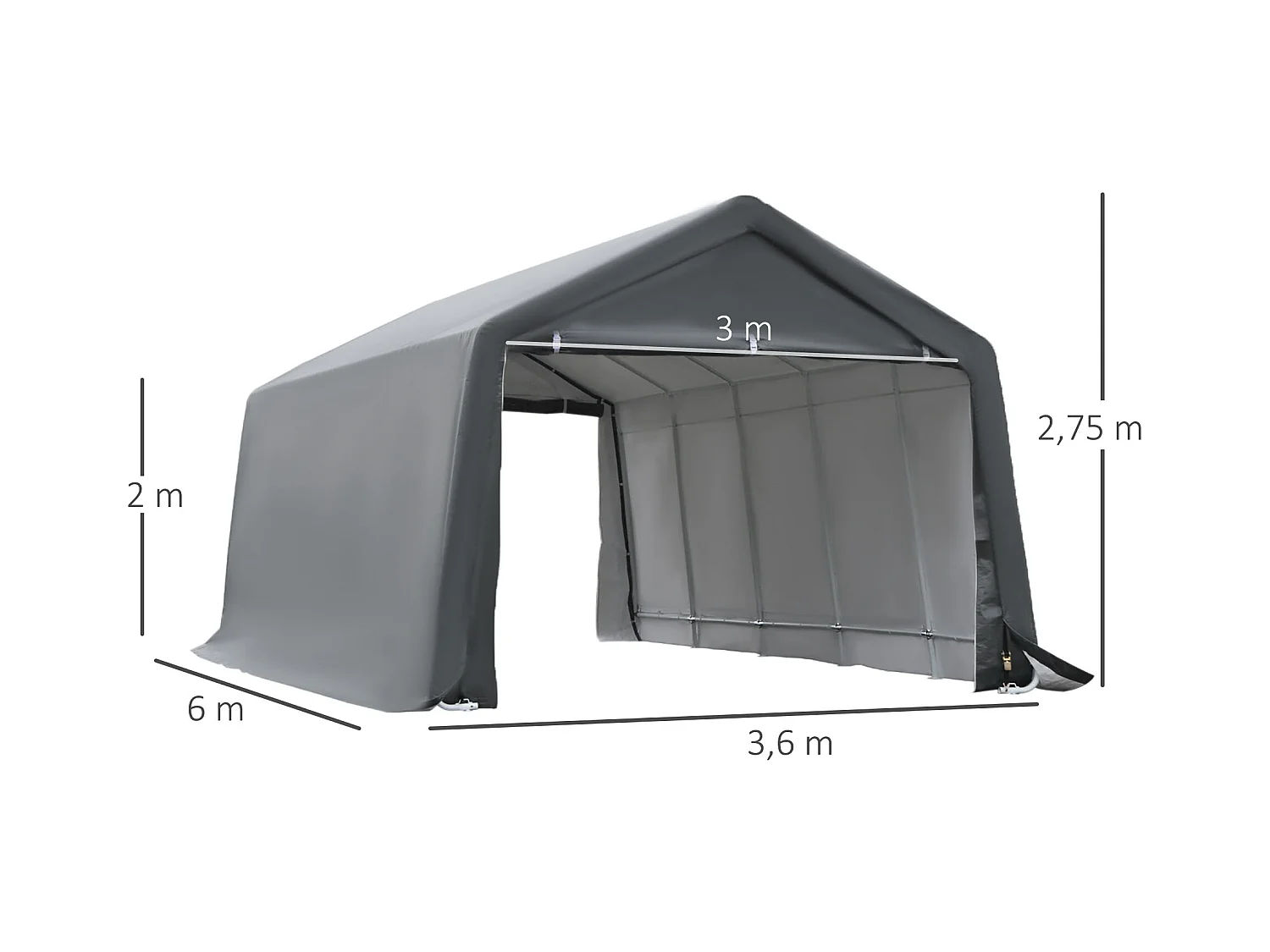 Tente garage carport dim. 6L x 3,6l x 2,75H m acier galvanisé robuste PE haute densité 150 g/m² imperméable anti-UV blanc gris