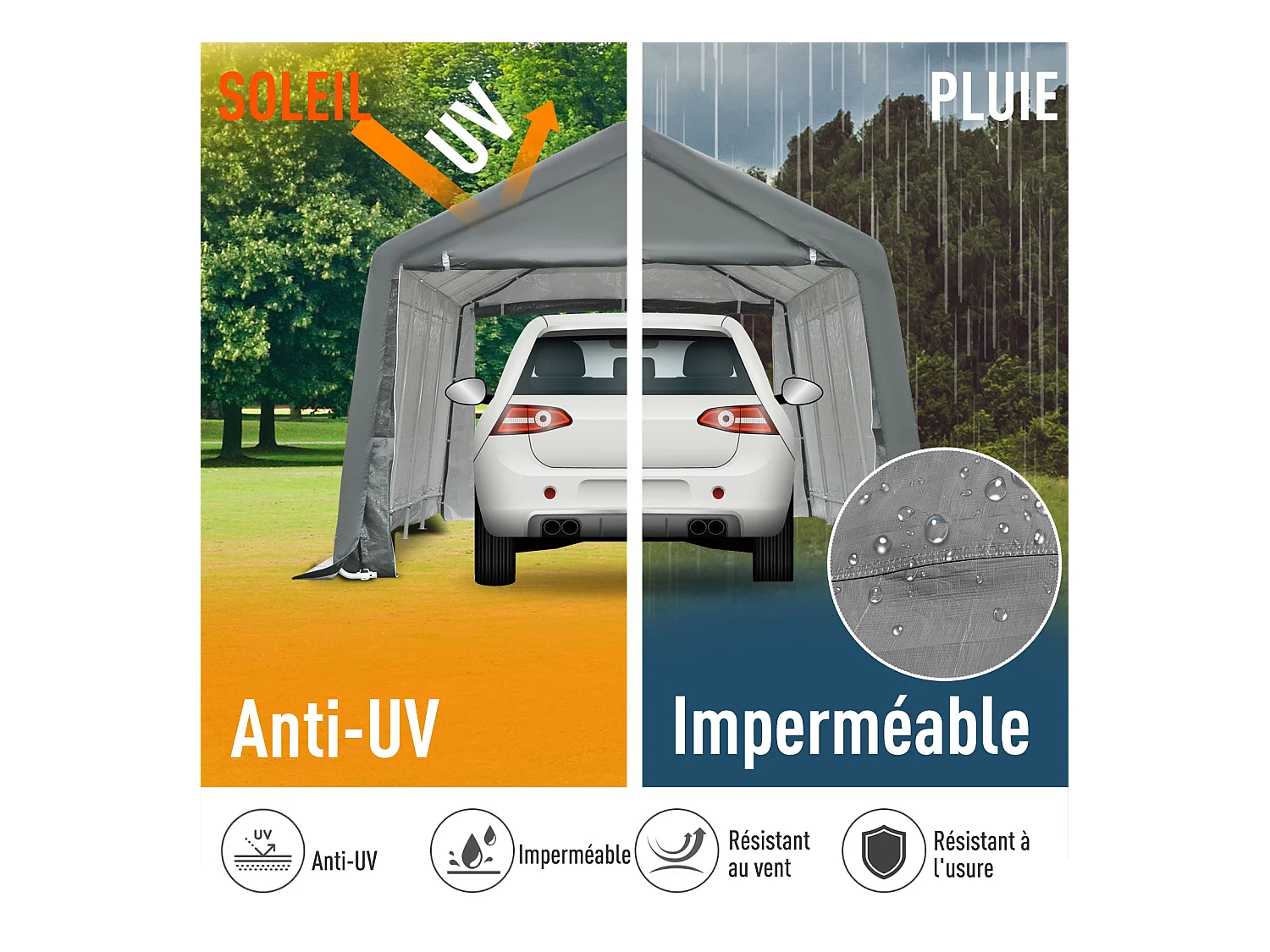 Tente garage carport dim. 6L x 3,6l x 2,75H m acier galvanisé robuste PE haute densité 150 g/m² imperméable anti-UV blanc gris