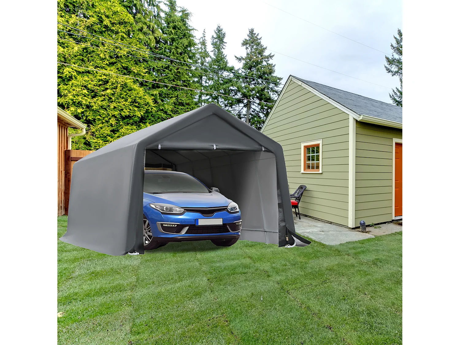 Tente garage carport dim. 6L x 3,6l x 2,75H m acier galvanisé robuste PE haute densité 150 g/m² imperméable anti-UV blanc gris