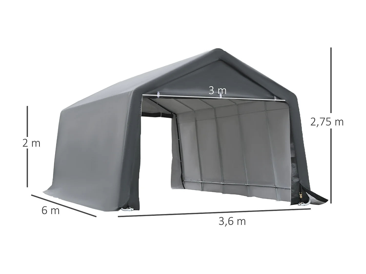 Tente garage carport dim. 6L x 3,6l x 2,75H m acier galvanisé robuste PE haute densité 150 g/m² imperméable anti-UV blanc gris