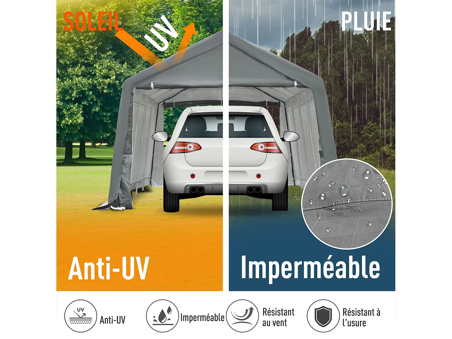 Tente garage carport dim. 6L x 3,6l x 2,75H m acier galvanisé robuste PE haute densité 150 g/m² imperméable anti-UV blanc gris