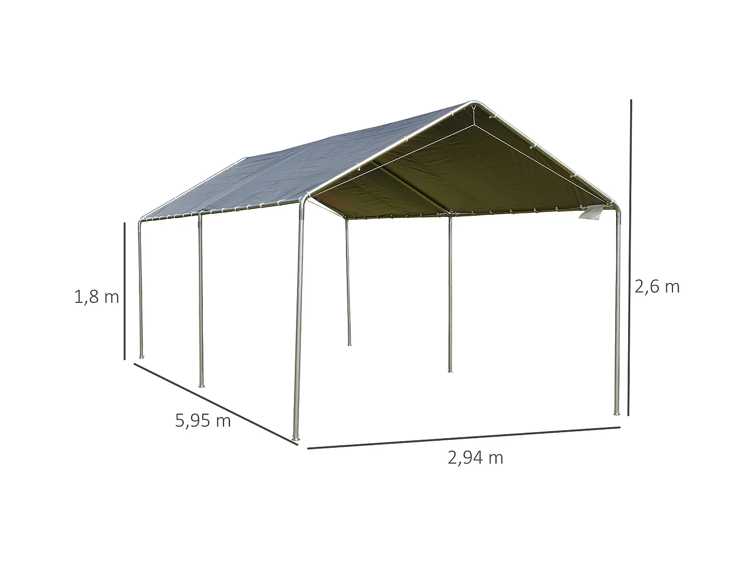 Carport auvent pour voiture 5,95L x 2,90l x 2,60H m acier galvanisé robuste PE haute densité gris