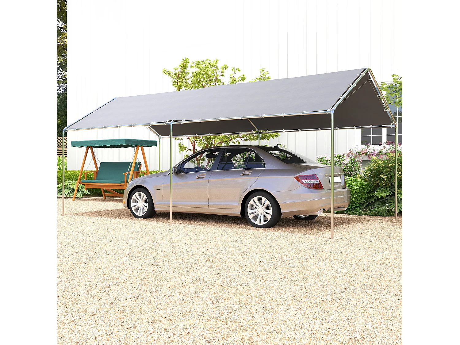 Carport auvent pour voiture 5,95L x 2,90l x 2,60H m acier galvanisé robuste PE haute densité gris