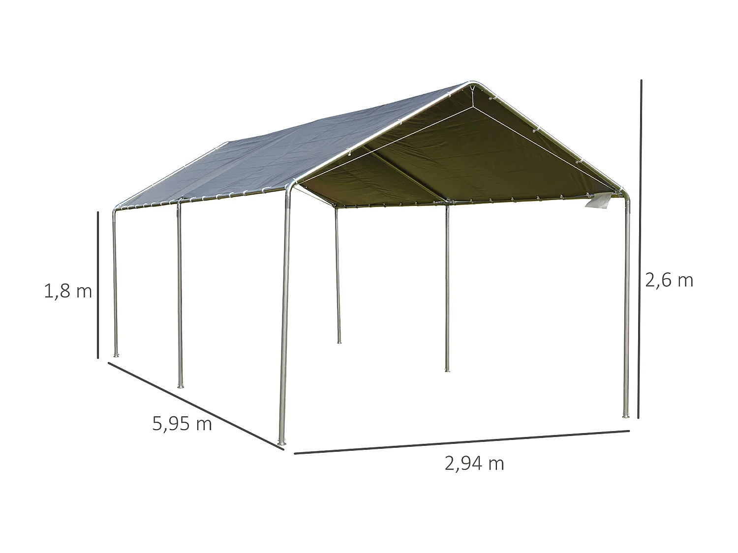 Carport auvent pour voiture 5,95L x 2,90l x 2,60H m acier galvanisé robuste PE haute densité gris