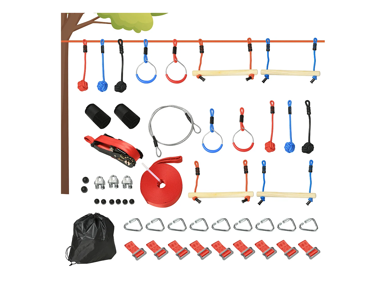 Parcours d'obstacles ninja enfant - 30 accessoires, 10 m de slackline - sac de transport - bleu rouge