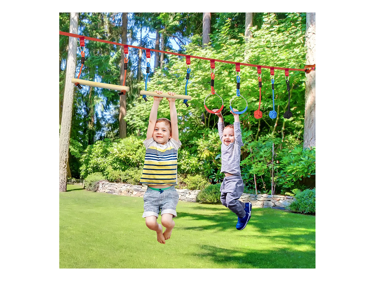 Parcours d'obstacles ninja enfant - 30 accessoires, 10 m de slackline - sac de transport - bleu rouge