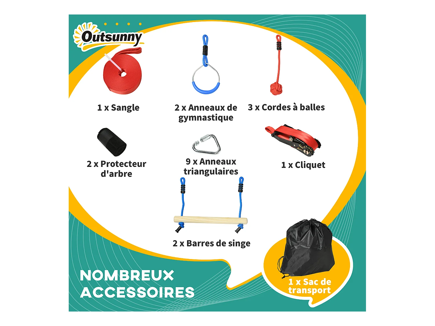 Parcours d'obstacles ninja enfant - 30 accessoires, 10 m de slackline - sac de transport - bleu rouge