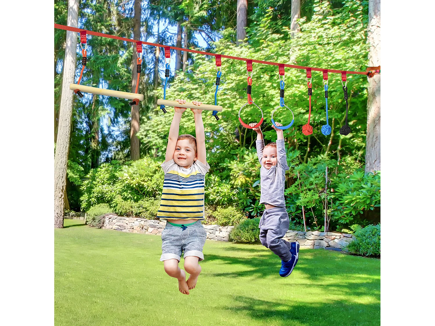 Parcours d'obstacles ninja enfant - 30 accessoires, 10 m de slackline - sac de transport - bleu rouge