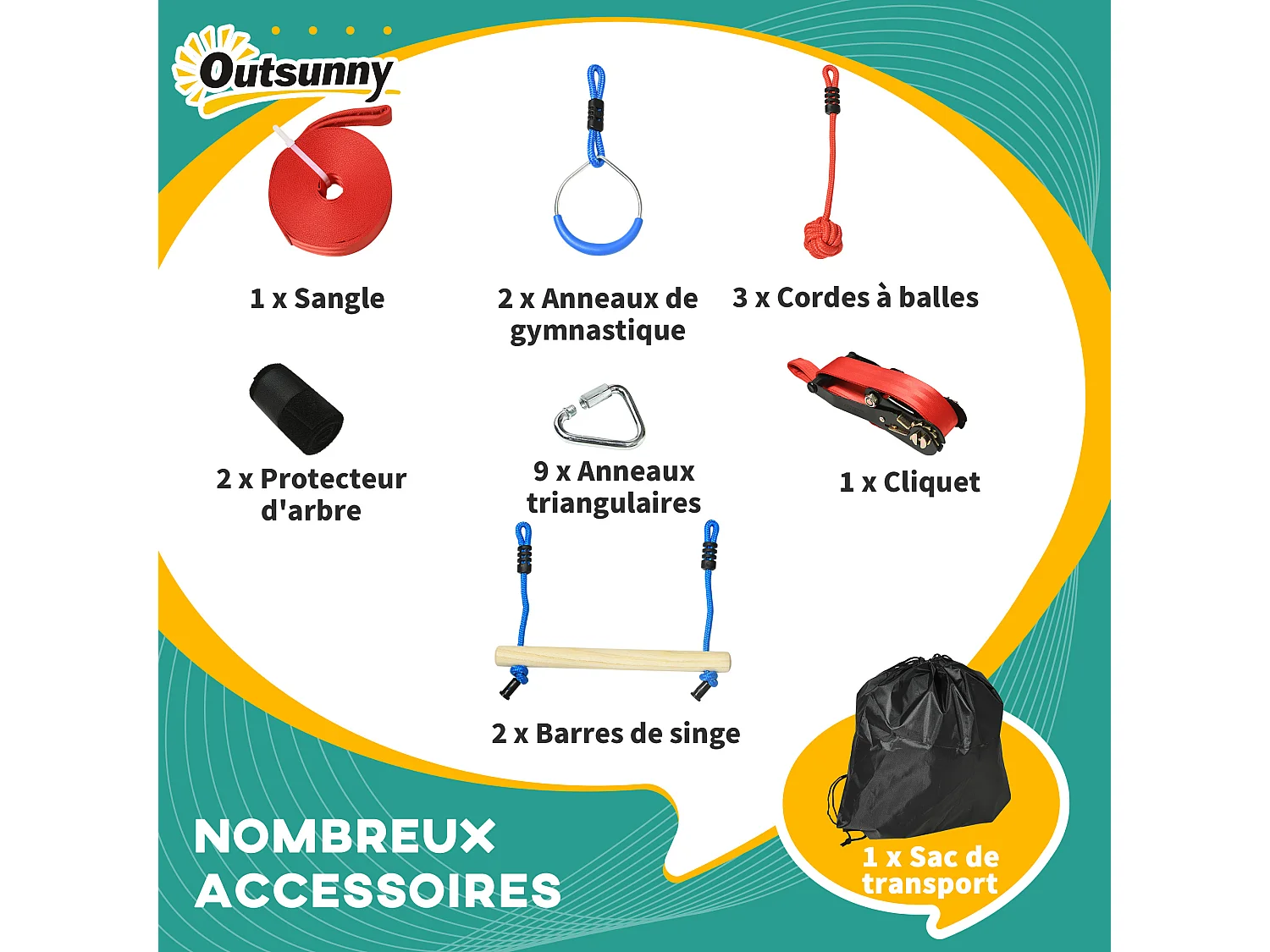 Parcours d'obstacles ninja enfant - 30 accessoires, 10 m de slackline - sac de transport - bleu rouge
