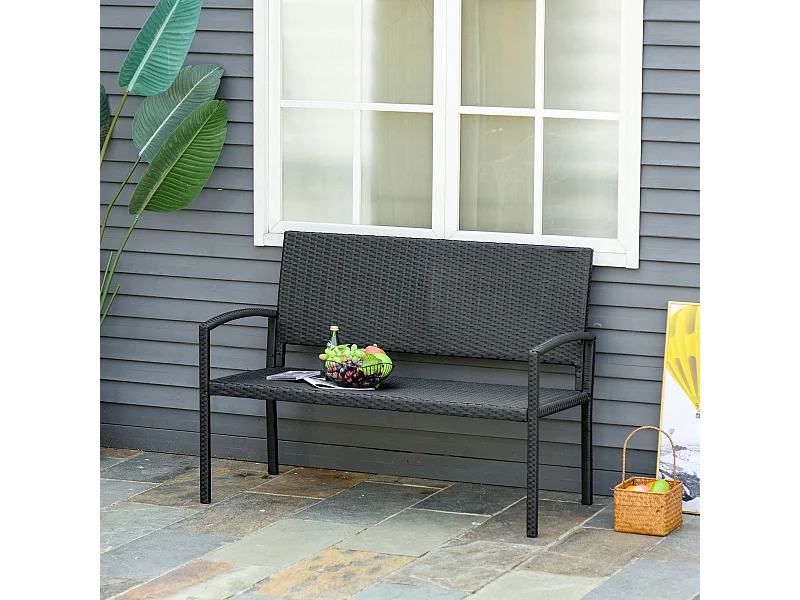Banc de jardin 2 places style cosy chic résine tressée 4 fils imitation rotin noir