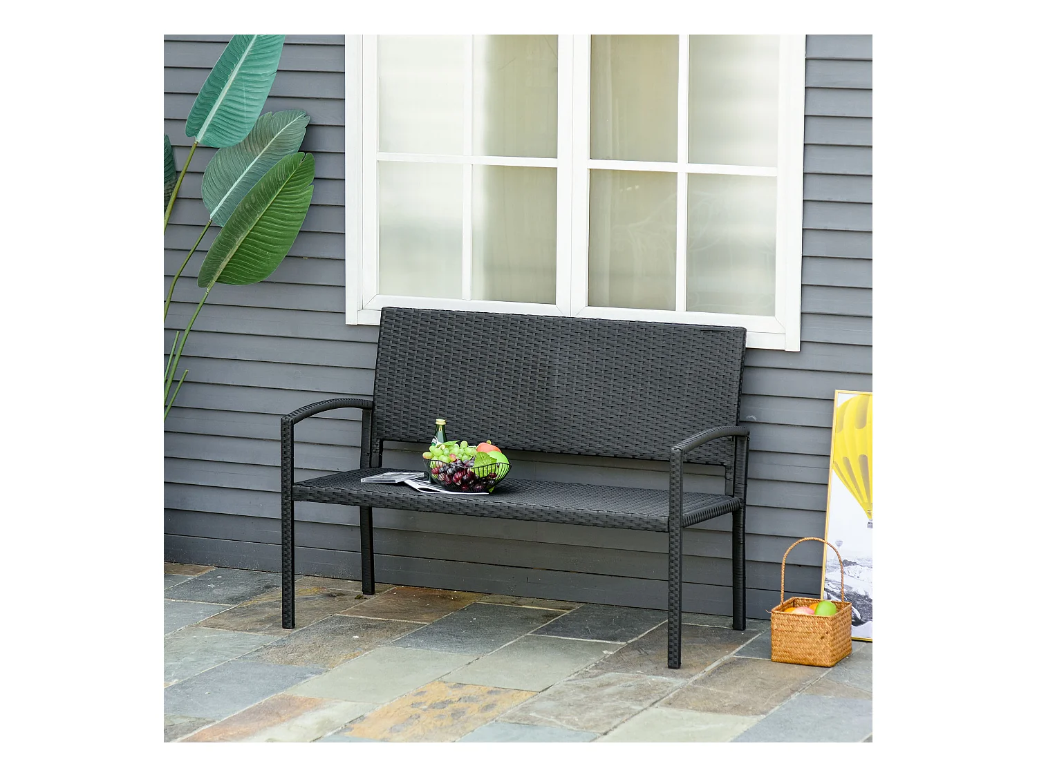 Banc de jardin 2 places style cosy chic résine tressée 4 fils imitation rotin noir