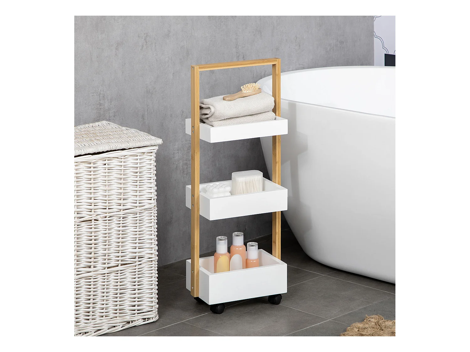 Desserte chariot de service 3 compartiments MDF blanc structure bois de bambou verni