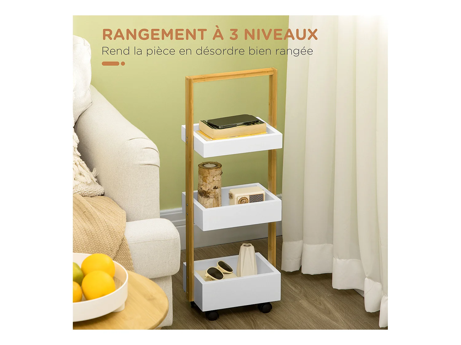 Desserte chariot de service 3 compartiments MDF blanc structure bois de bambou verni