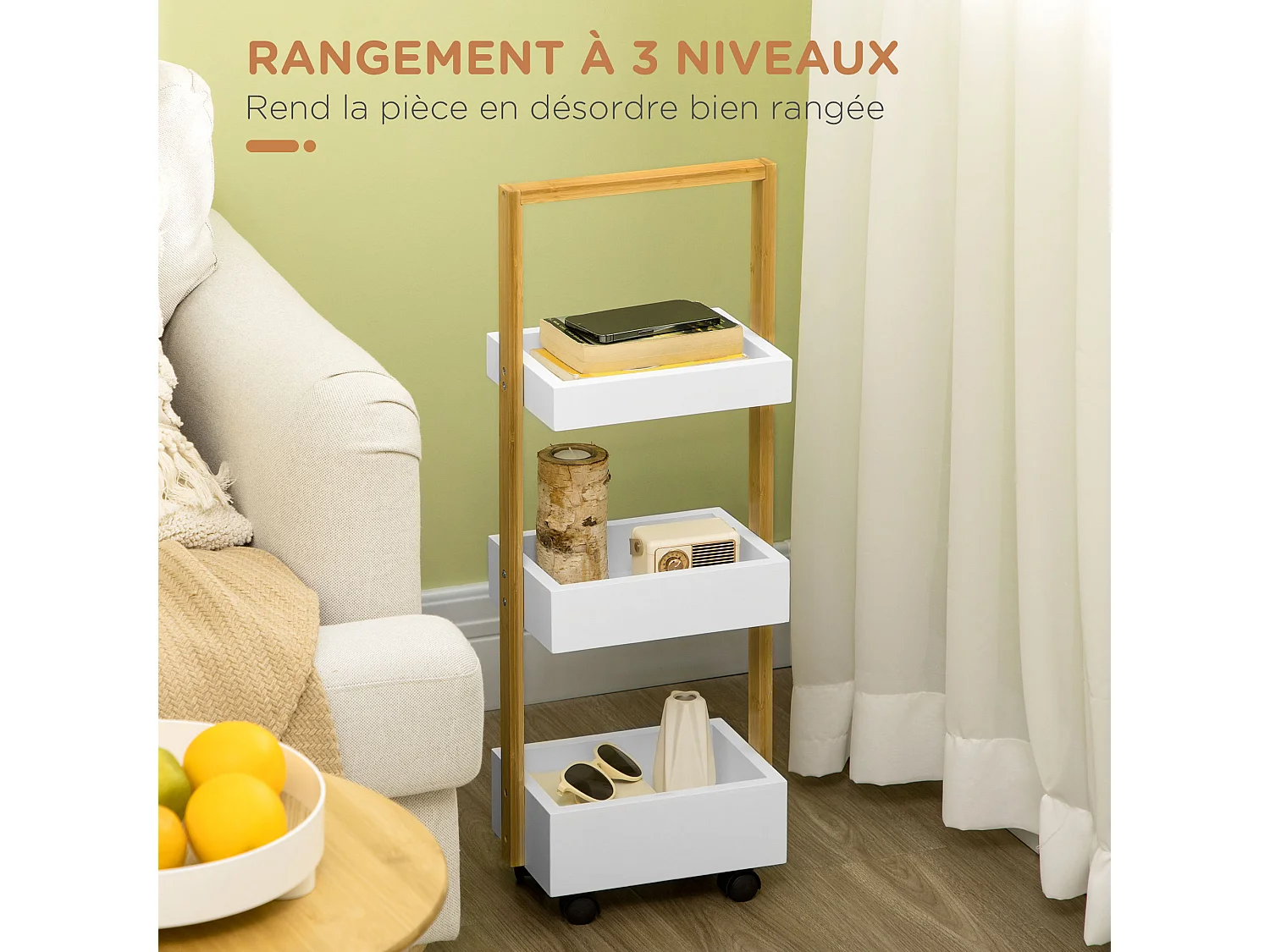 Desserte chariot de service 3 compartiments MDF blanc structure bois de bambou verni