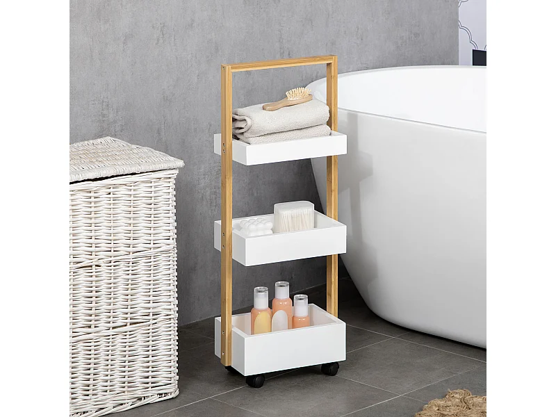 Desserte chariot de service 3 compartiments MDF blanc structure bois de bambou verni