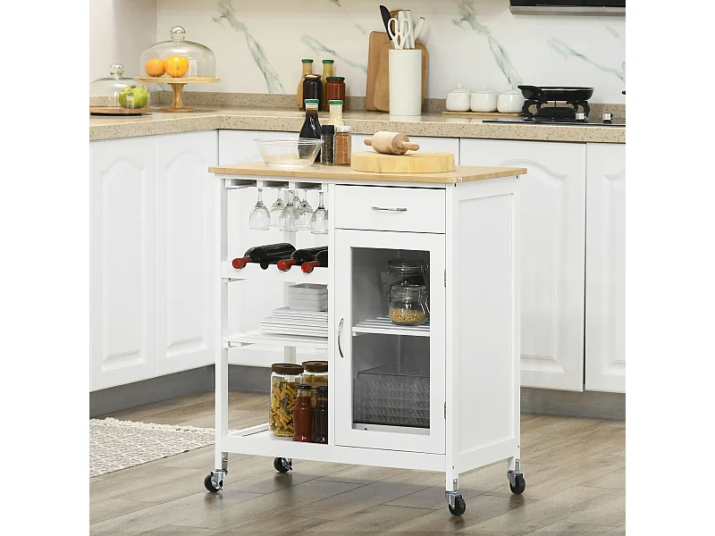 Desserte de cuisine multi-rangement - porte acrylique poignées métal MDF blanc aspect bambou